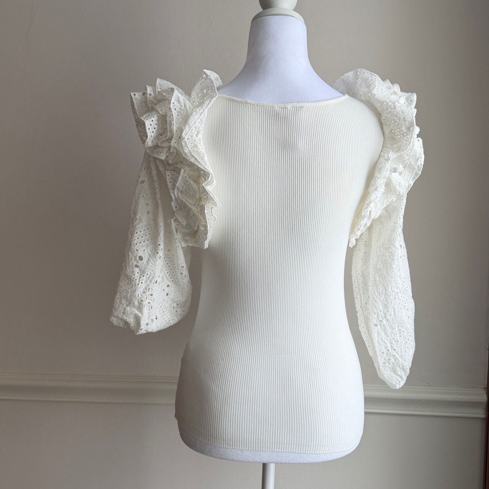 Anthropologie Dolan Eyelet Ruffle Sleeve scoop neck Sweater Top Ivory cream S - Picture 8 of 10